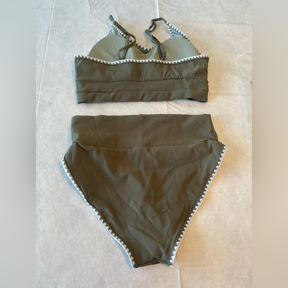 Olive Ribbed High-Waist Bikini Set with Lace Trim - Picture 5 of 9